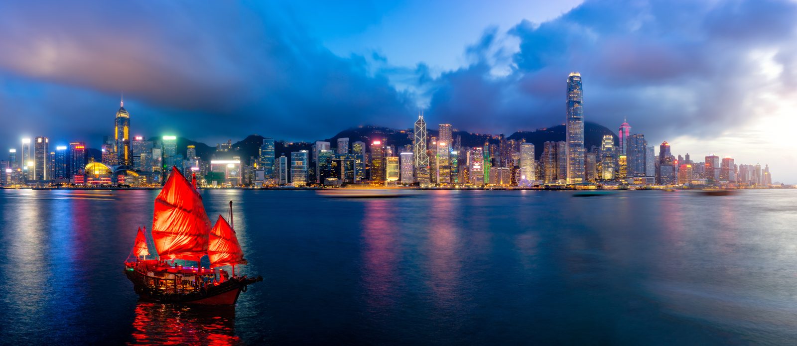 Hong Kong Victoria Harbour skyline at dusk